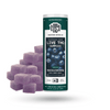 Modern Herb Co. Knockout Huckleberry Indica gummies in a dark green tube with rich purple cubes, infused with full-spectrum live resin for deep relaxation.