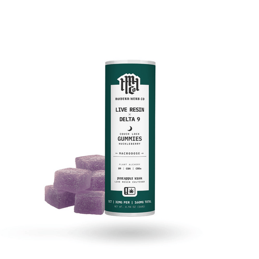 Compact 5-count Knockout Huckleberry Indica gummies by Modern Herb Co., featuring deep berry-flavored cubes in a green container designed for potent nighttime relief.