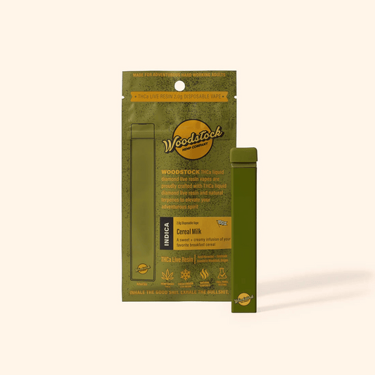 Woodstock Cereal Milk THCa Vape – 2g indica with creamy cereal-inspired terpene blend